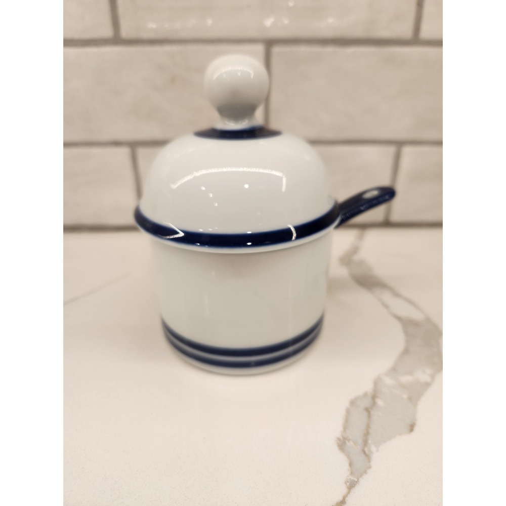 Vintage Dansk Blue & White Ceramic Lidded Condiment/Jam Sugar Bowl With Spoon‎